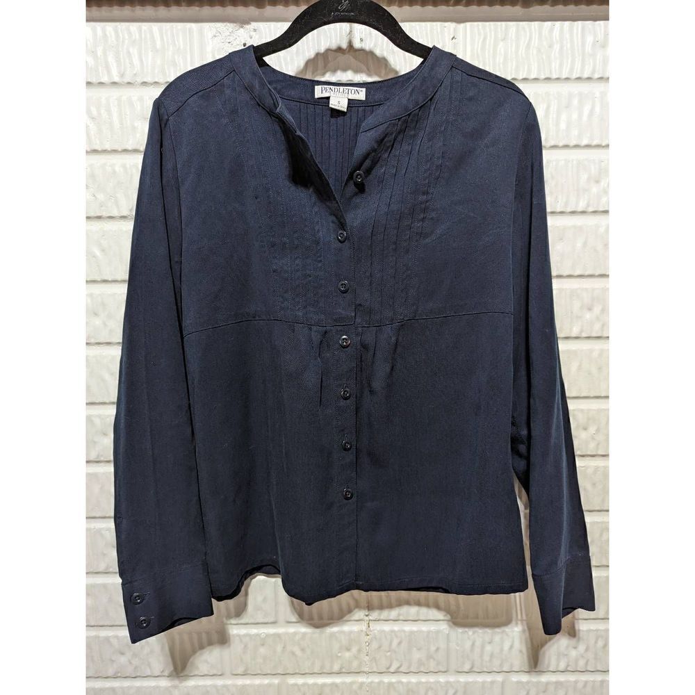Pendleton Women's Navy Blue Tencel Pleated Button Front Long Sleeve Blouse Small